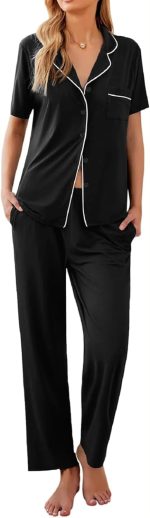Women Pajamas Set Button Down Sleepwear Short Sleeve Nightwear with Long Pants Soft