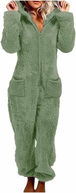 Fleece Onesie Pajamas for Women Sherpa Fuzzy Zipper Hooded One Piece Jumpsuit Warm Cinch Bottom Sleepwear with Pockets