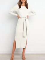 Womens Long Sleeve Sweater Dress Crew Neck Slim Fit Slit Tie Waist 2026 Ribbed Knit Bodycon Midi Dress Fall Outfits - Image 2