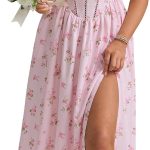 Floral Corset Midi Dress Flowy Slit Summer Spring Wedding Guest Dresses for Women Sundress with Pockets