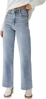 Straight Leg Jeans for Women High Waisted Jeans Frayed Baggy Pants Raw Hem Loose Stretchy Cropped Wide Leg Jeans