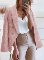 Women Tweed Blazers Casual Long Sleeve Double Breasted Open Front Blazer Jackets Work Suits - Image 2