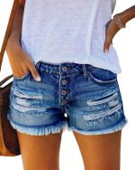 Women Ripped Denim Jean Shorts Mid Rise Summer Hot Raw Hem Casual Shorts