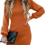 Women Long Sleeve Turtle Mock Neck Rib Knit Stretch Slim Fitted Bodycon Sweater Mini Short Dress 2026 Fall Outfits