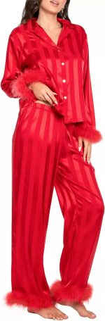 Women Satin Pajamas Striped Feather Trim Pjs Long Sleeve Button Down Shirt Pants Vacation Matching Silk Lounge Set - Image 2