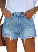 Womens Jean Shorts Stretchy High Waisted Ripped Denim Distressed Trendy Shorts with Pockets
