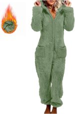 Fleece Onesie Pajamas for Women Sherpa Fuzzy Zipper Hooded One Piece Jumpsuit Warm Cinch Bottom Sleepwear with Pockets - Image 2
