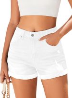 Women Mid-High Rise Ripped Denim Shorts Stretchy Distressed Jean Shorts with Pockets Folded Hem Casual Summer Jorts