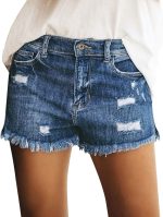 Women's Casual Mid Rise Denim Shorts Stretch Ripped Raw Hem Jean Shorts
