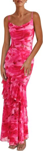 Maxi Dresses for Women 2026 Floral Beach Sundress Spaghetti Strap Tiered Summer Wedding Guest Long Dress