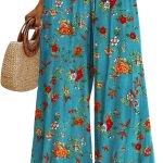 Women Summer Boho Palazzo Pants High Waist Wide Leg Floral Casual Cotton Lounge Trousers with Pockets PP0
