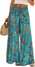 Women Summer Boho Palazzo Pants High Waist Wide Leg Floral Casual Cotton Lounge Trousers with Pockets PP0