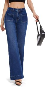 Women Flare High Waisted Bell Bottom Wide Leg Jeans Baggy Stretch Trendy Denim with Pockets - Image 2