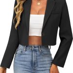 Women Cropped Blazer Business Casual Open Front Long Sleeve One Button Jacket
