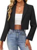 Women Cropped Blazer Business Casual Open Front Long Sleeve One Button Jacket