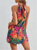 Women Sleeveless Floral Print Sundress Halter Neck A Line Short Dress - Image 2