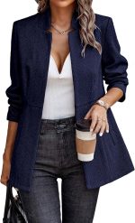 Women Open Front Herringbone Blazer-Business Casual Long Sleeve Work Jacket with Full Lining and Padded Shoulders