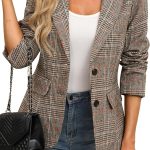Women Lapel Collar Plaid 2 Button Boyfriend Blazer Suit Houndstooth Work Office Blazer Jacket