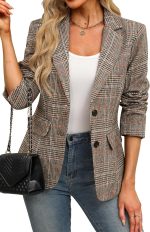 Women Lapel Collar Plaid 2 Button Boyfriend Blazer Suit Houndstooth Work Office Blazer Jacket