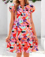 Women Summer Dresses 2026 Puffy Sleeve V Neck Loose Floral Print A Line Boho Mini Babydoll Dress with Pockets - Image 2