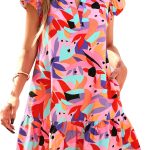 Women Summer Dresses 2026 Puffy Sleeve V Neck Loose Floral Print A Line Boho Mini Babydoll Dress with Pockets