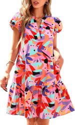 Women Summer Dresses 2026 Puffy Sleeve V Neck Loose Floral Print A Line Boho Mini Babydoll Dress with Pockets