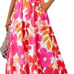 Women Summer Dresses Floral Sleeveless Smocked Maxi Dress Boho Spaghetti Strap A Line Flowy Beach Long Sundress