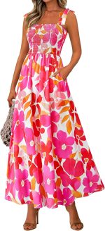 Women Summer Dresses Floral Sleeveless Smocked Maxi Dress Boho Spaghetti Strap A Line Flowy Beach Long Sundress