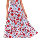 Women 2026 Summer Floral Midi Dress Cap Sleeve V Neck Ruffle Long Flowy Boho Casual Beach Vacation Dresses