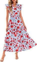 Women 2026 Summer Floral Midi Dress Cap Sleeve V Neck Ruffle Long Flowy Boho Casual Beach Vacation Dresses