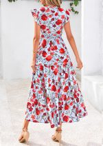 Women 2026 Summer Floral Midi Dress Cap Sleeve V Neck Ruffle Long Flowy Boho Casual Beach Vacation Dresses - Image 2